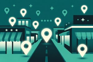 Graphic showing location pins, streets and local shops like a bakery