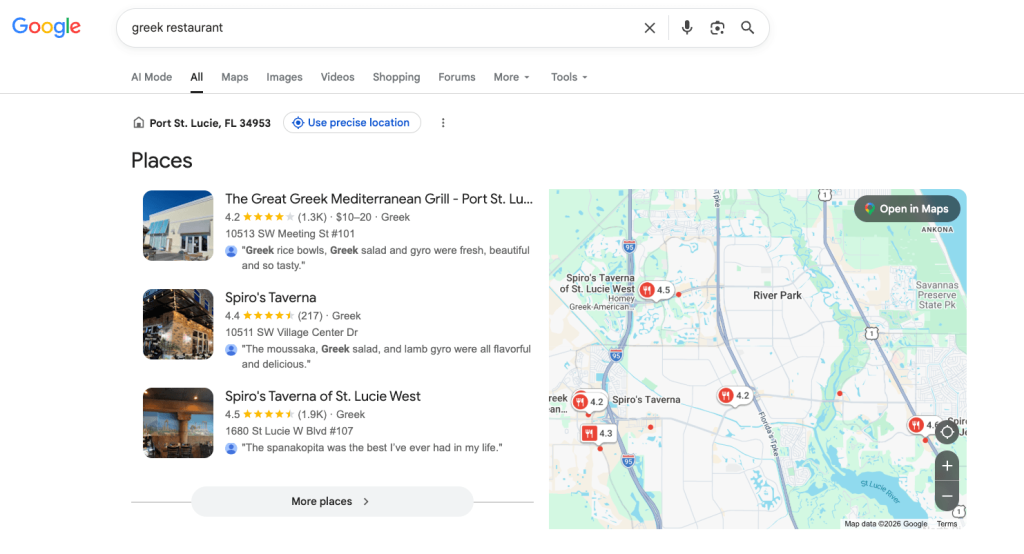 A google business profile pack showing three greek restaurants in Port St. Lucie, FL