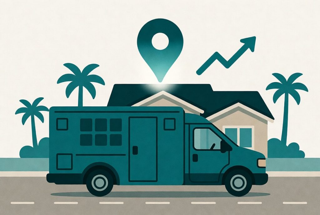 Truck in front of house with a growth graph line over roof. Search engine optimization for air and cooling.