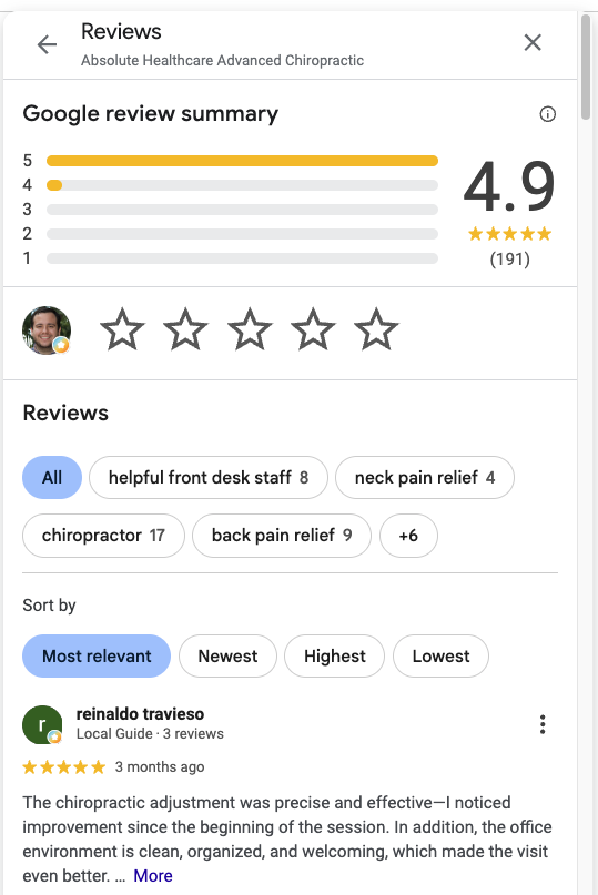 GBP showing 4.9 star rating and reviews