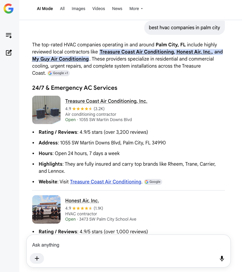 Screenshot of Google AI Mode asking for HVAC companies with recommendations and ratings output