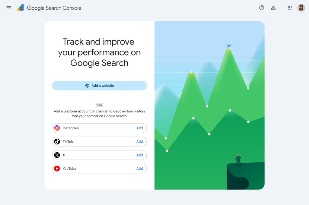 Google menu to add IG, TikTok, X, and Youtube to Google Search Console. Platform Properties.