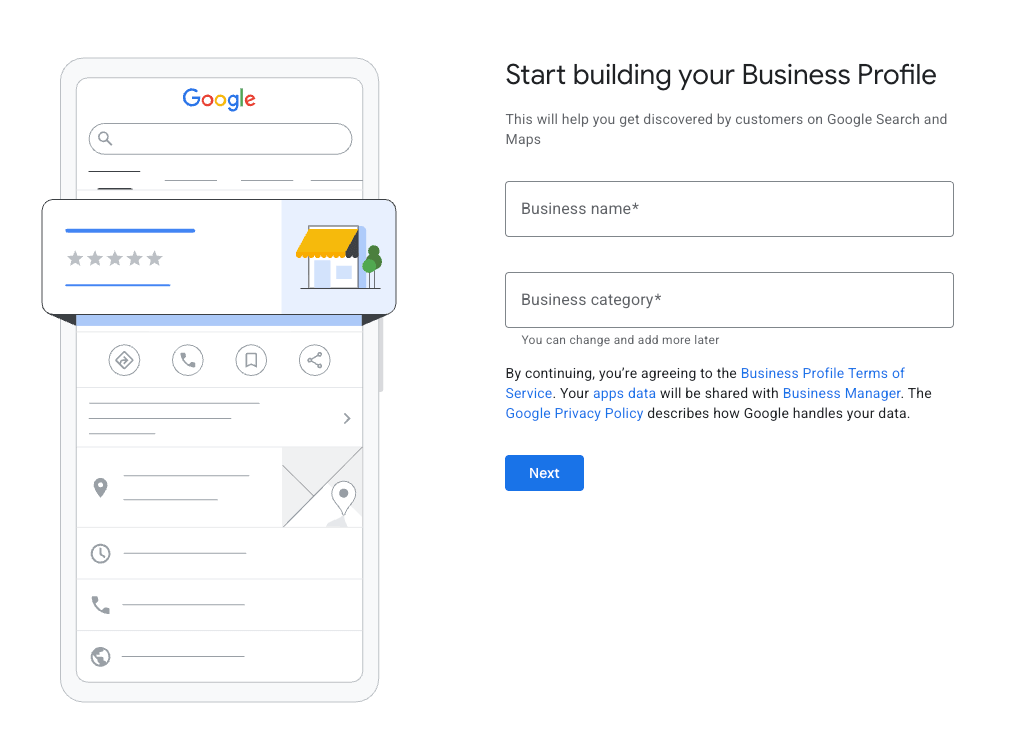 Google sign up page to create a business profile which asks for business name and category