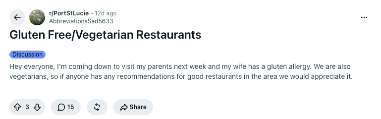 Port St Lucie Reddit SEO example of someone asking about veggie restaurants