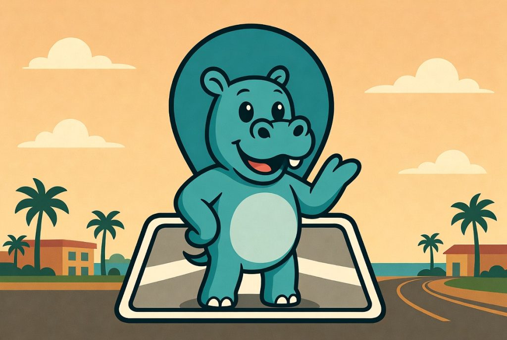 Hippo with a map pin behind him, waving his hand - SEO near me