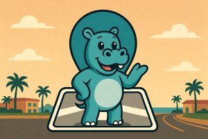 Hippo with a map pin behind him, waving his hand - SEO near me