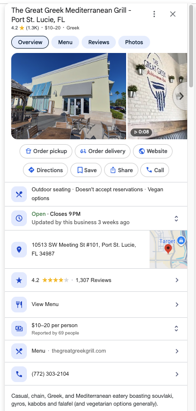 Google Business Profile example showing the great greek page with hours, ratings, and ordering options